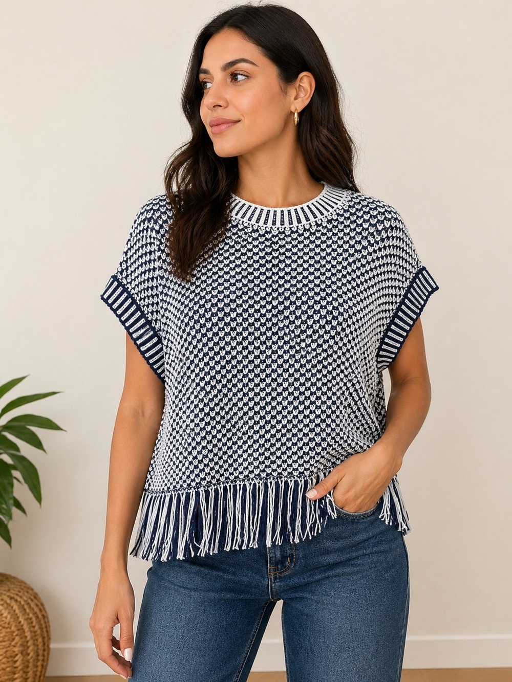 Navy & White Knit Fringe Short Sleeve Top